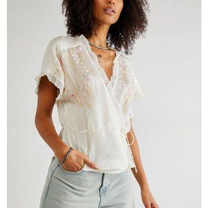 Free People Renee Ivory Embroidered Wrap Blouse with Pink Accents. XS